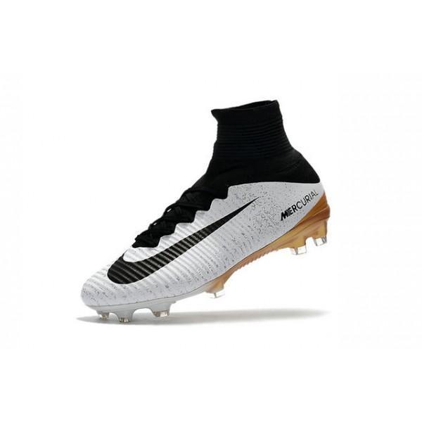 Nike Mercurial Superfly V FG Soccer Cleats White Black Gold